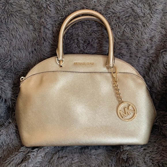 Michael Kors Women's Emmy Dome Gold Saffiano Leather Satchel Shoulder Bag - Picture 1 of 9